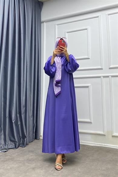 Balon Kol Saten Elbise Lila