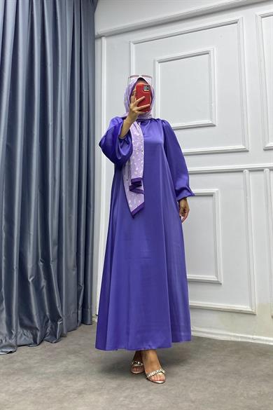 Balon Kol Saten Elbise Lila