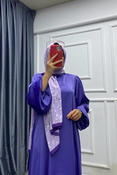 Balon Kol Saten Elbise Lila