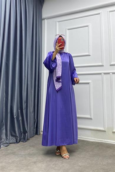 Balon Kol Saten Elbise Lila