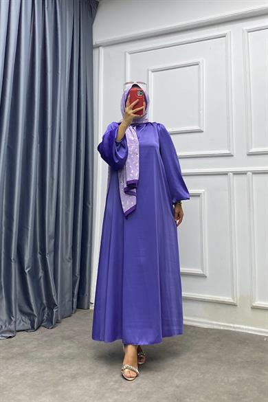 Balon Kol Saten Elbise Lila