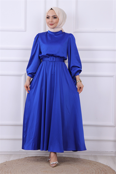 Balon Kol Saten Elbise Parlement Mavisi 