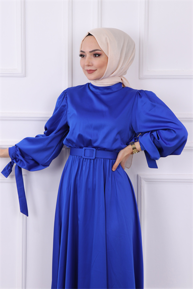 Balon Kol Saten Elbise Parlement Mavisi 