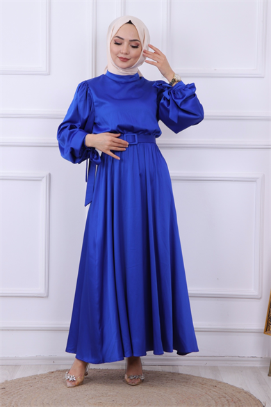 Balon Kol Saten Elbise Parlement Mavisi 