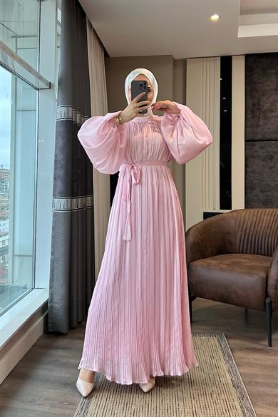 Balon Kol Saten Elbise Pembe
