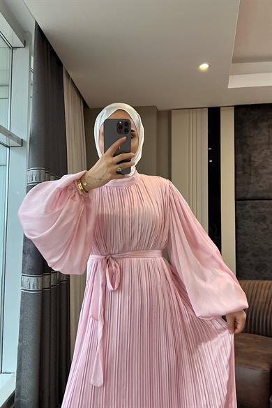 Balon Kol Saten Elbise Pembe
