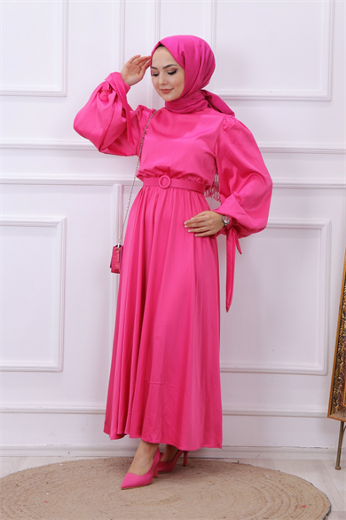 Balon Kol Saten Elbise Pembe
