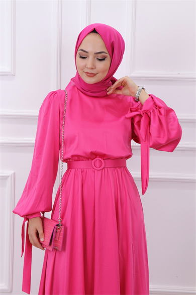 Balon Kol Saten Elbise Pembe
