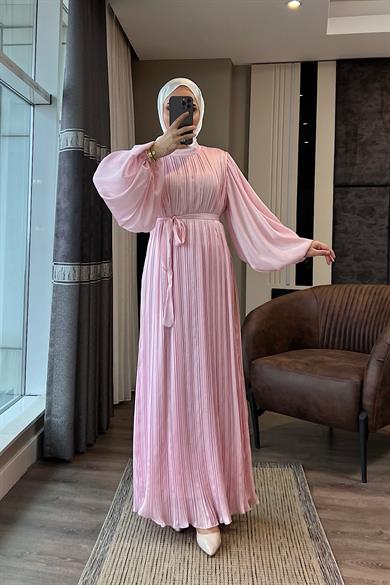 Balon Kol Saten Elbise Pembe