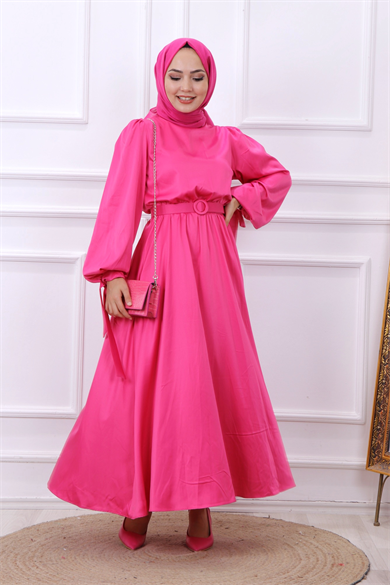 Balon Kol Saten Elbise Pembe