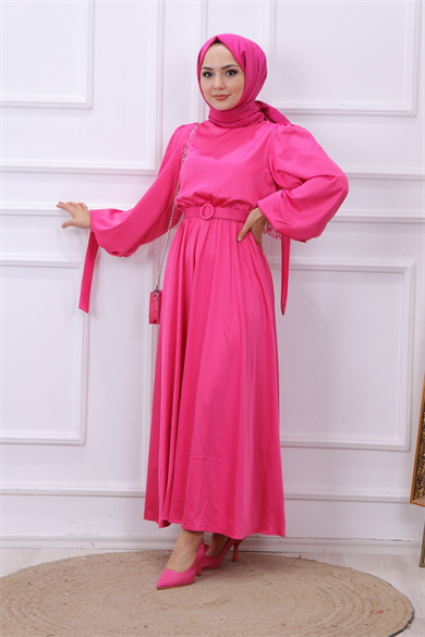 Balon Kol Saten Elbise Pembe