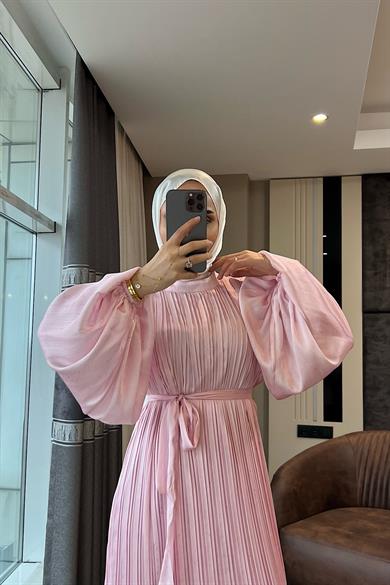 Balon Kol Saten Elbise Pembe