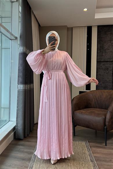 Balon Kol Saten Elbise Pembe