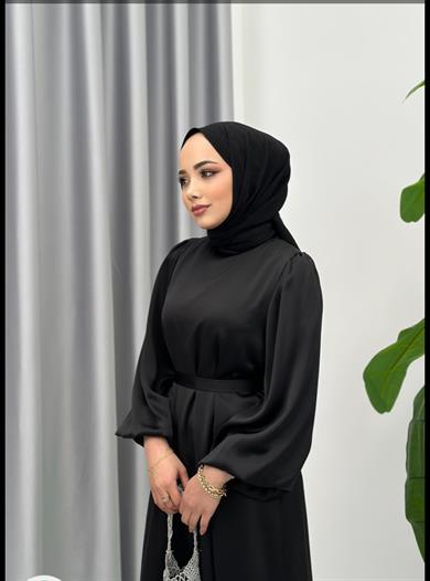 Balon Kol Saten Elbise Siyah