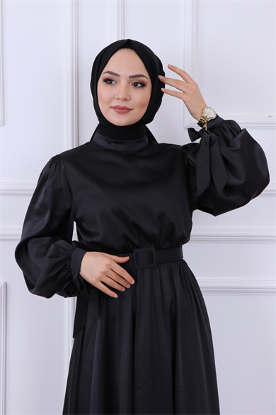 Balon Kol Saten Elbise Siyah