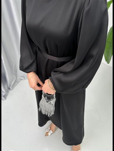 Balon Kol Saten Elbise Siyah