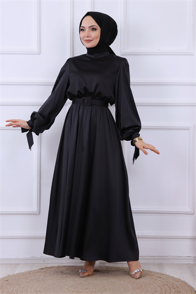 Balon Kol Saten Elbise Siyah