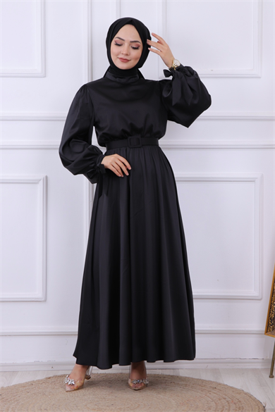 Balon Kol Saten Elbise Siyah