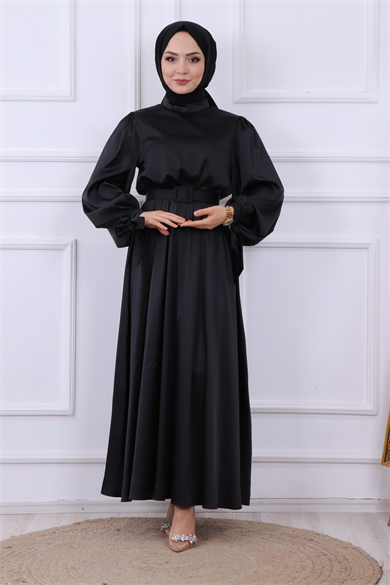 Balon Kol Saten Elbise Siyah