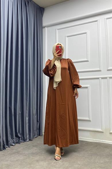 Balon Kol Saten Elbise Taba 