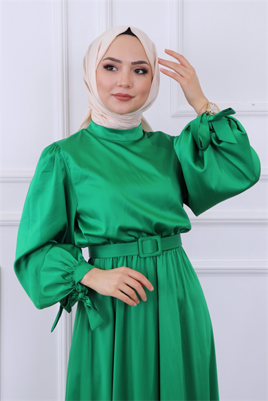 Balon Kol Saten Elbise  Yeşil