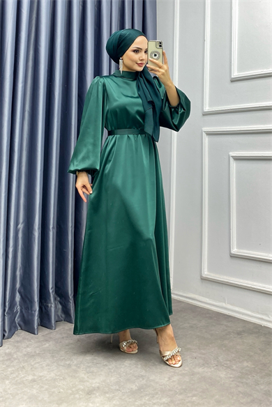 Balon Kol Saten Elbise Yeşil