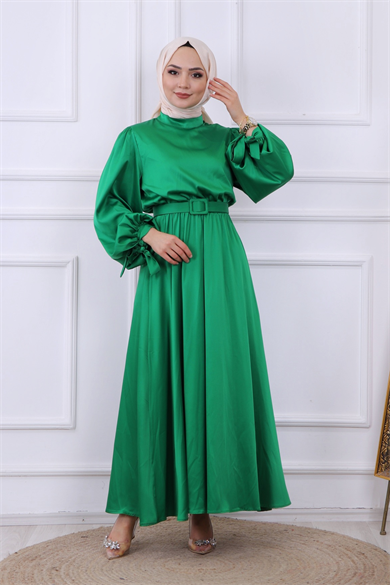 Balon Kol Saten Elbise  Yeşil