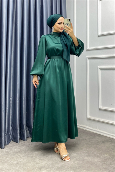 Balon Kol Saten Elbise Yeşil