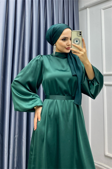 Balon Kol Saten Elbise Yeşil