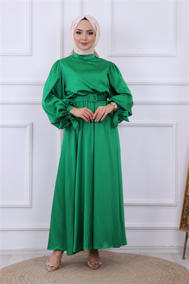 Balon Kol Saten Elbise  Yeşil