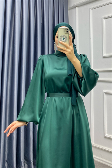 Balon Kol Saten Elbise Yeşil