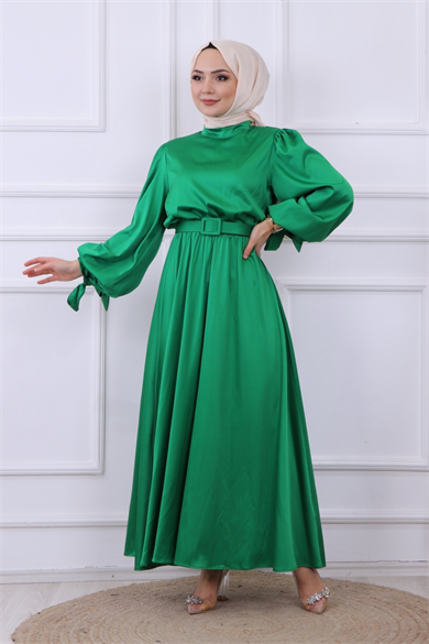 Balon Kol Saten Elbise  Yeşil