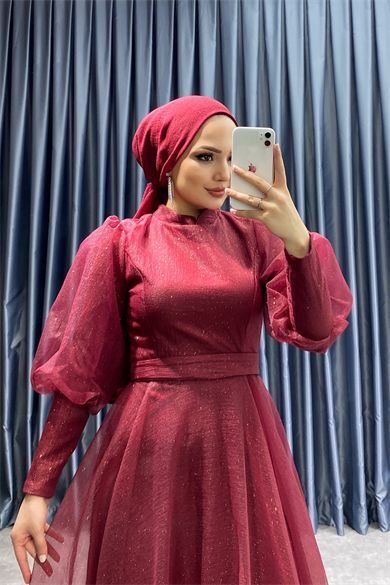 Balon Kol Simli Abiye Bordo