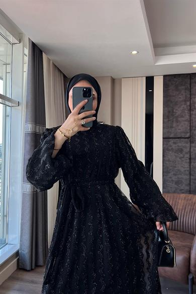 Balon Kol Simli Abiye Siyah