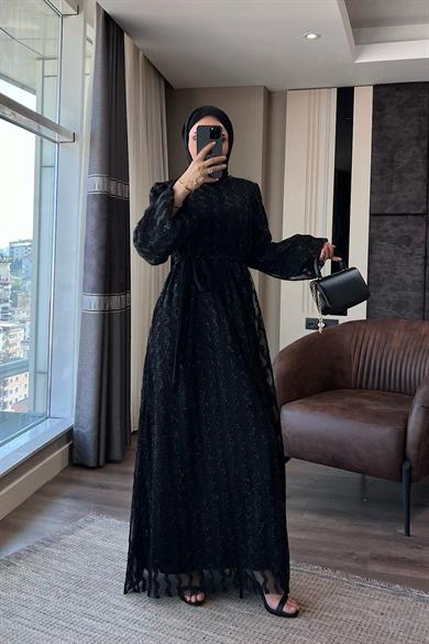 Balon Kol Simli Abiye Siyah