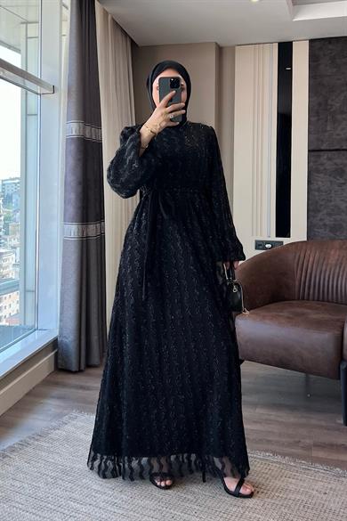 Balon Kol Simli Abiye Siyah