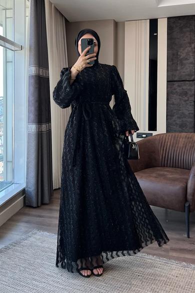 Balon Kol Simli Abiye Siyah