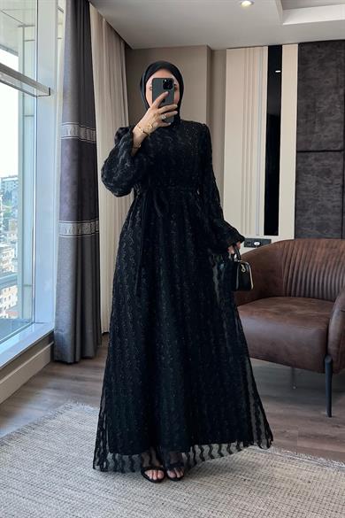 Balon Kol Simli Abiye Siyah