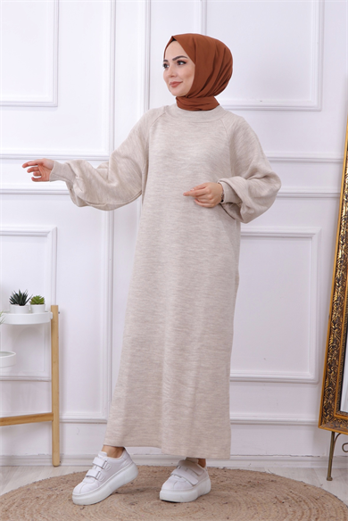 Balon Kol Triko Elbise Taş