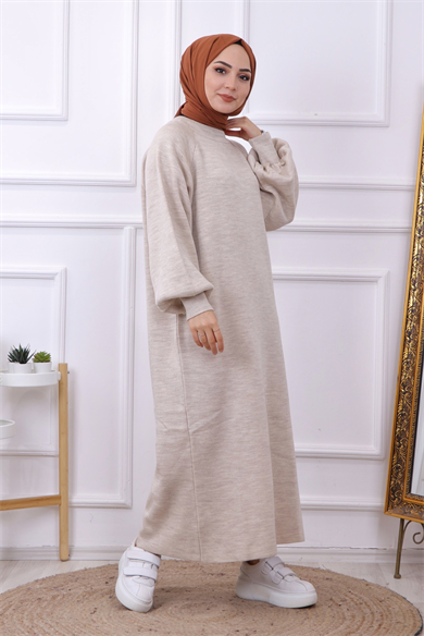 Balon Kol Triko Elbise Taş