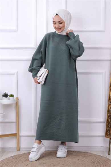 Balon Kol Triko Elbise Yeşil