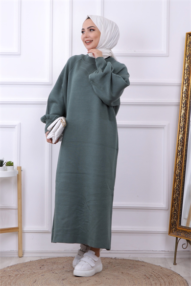 Balon Kol Triko Elbise Yeşil