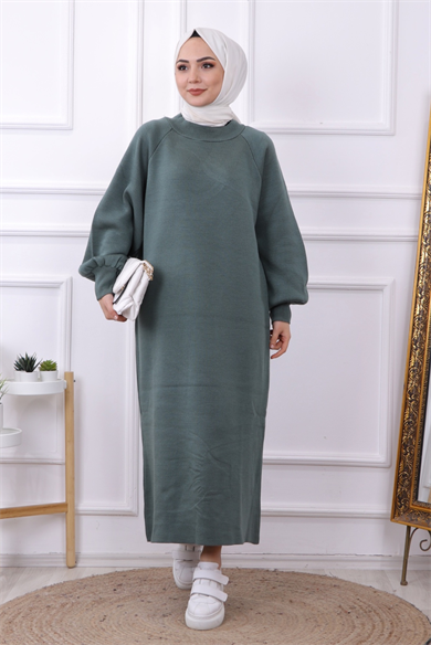 Balon Kol Triko Elbise Yeşil