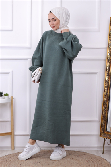 Balon Kol Triko Elbise Yeşil