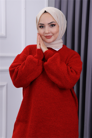 Balon Kol Triko Tunik Kırmızı