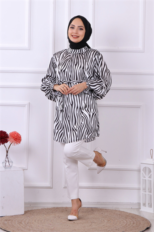 Balon Kol Zebra Desenli Tunik