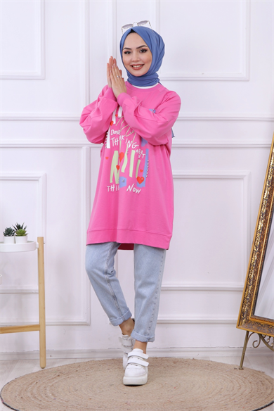 Baskı Ve Taş İşlemeli Sweat Pembe 