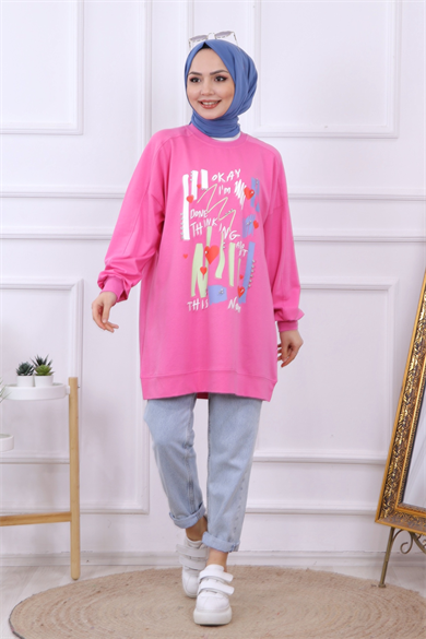 Baskı Ve Taş İşlemeli Sweat Pembe 