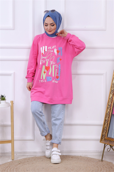 Baskı Ve Taş İşlemeli Sweat Pembe 