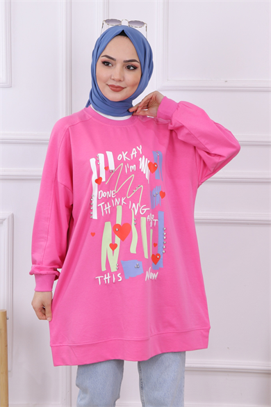 Baskı Ve Taş İşlemeli Sweat Pembe 